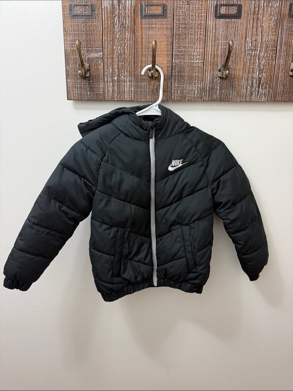 Nike Kids Black Hooded Puffer Jacket with White Zip Trim